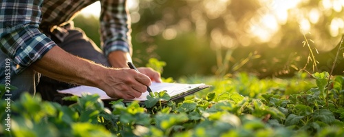 An organic farmer evaluating a crop rotation plan on a clipboard, strategic farming to maintain soil health, ideal for text on the left