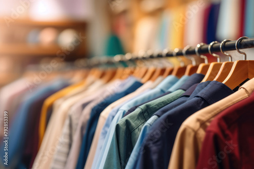 clothing store with hangers and shelves with goods, bright background for design, selective focus, copy space, close-up