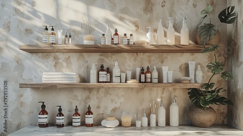 Stylish bathroom interior with health-conscious products arranged elegantly on a shelf.