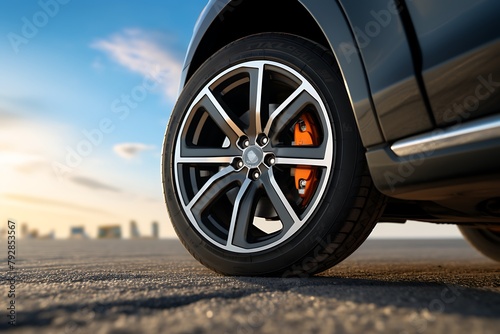 Car wheel on the asphalt road. 3d rendering image with dark background