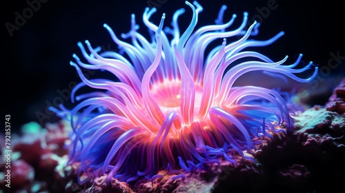 Night diving scene with a sea anemone glowing under UV light, highlighting fluorescence in marine organisms © Pakorn