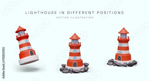 Realistic striped lighthouse in different positions. Vector architectural figure, landmark