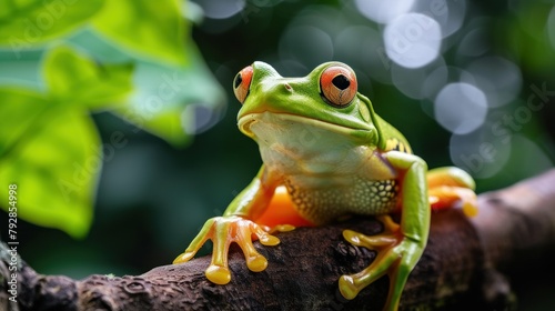 Tree frog on branch  tree frog on green leaves  animal closeup