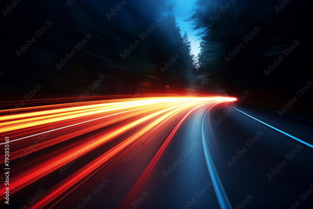 Car light trails at night. Vehicle leaving long light lines. Long exposure image. Long exposure light trails, blurred mood background. Light effect