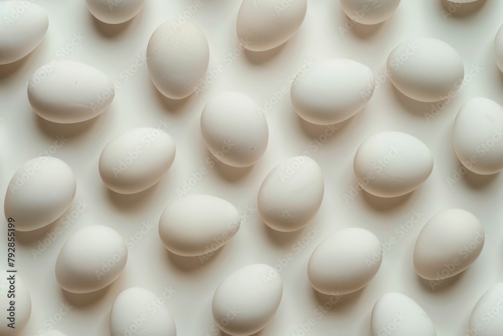 Row of White Eggs Arranged on a White Surface with One Egg in the Middle, Minimalistic Easter Concept