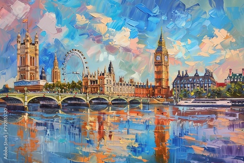 Oil painting, summer in London. city landscape. Vivid colors. Big Ben, London Eye, Westminster, wallpaper