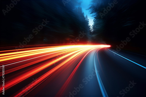 Car light trails at night. Vehicle leaving long light lines. Long exposure image. Long exposure light trails, blurred mood background. Light effect