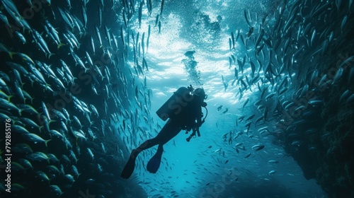 Scuba diver diving on tropical reef with blue background and reef fish