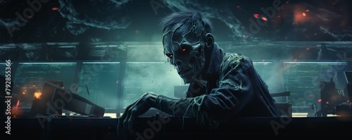 A chilling, atmospheric image of a zombie reflected in the screen of a Bitcoin trading terminal, depicted in a dark and moody design style. Space for text. photo
