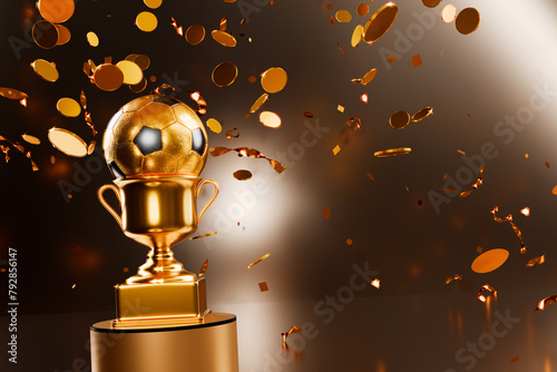Gold cup on a pedestal with a soccer ball and coin confetti. 3d rendering