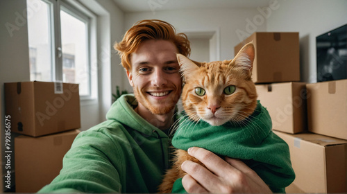 Young student man taking selfie with a cat in new apartment with cardboard boxes in the background. Moving to new home, mortgage, rental concept