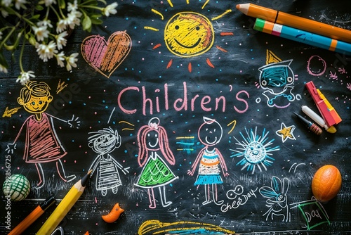 Colorful chalk drawing on a blackboard  with child-like sketches of people and the sun  and the text    Children   s Day    prominently displayed