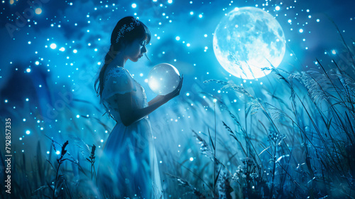 Artwork Fantasy young beautiful woman holds magical background