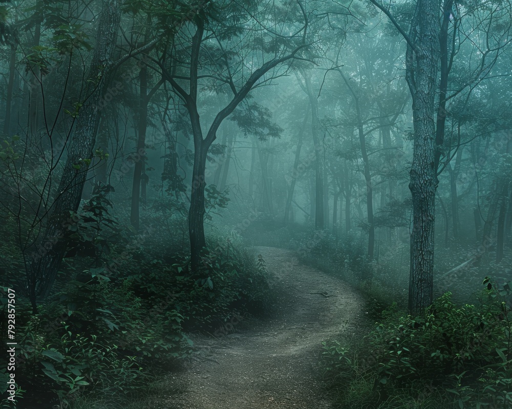 A dark and foggy forest with a path leading into the unknown