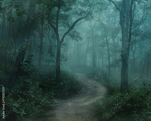 A dark and foggy forest with a path leading into the unknown