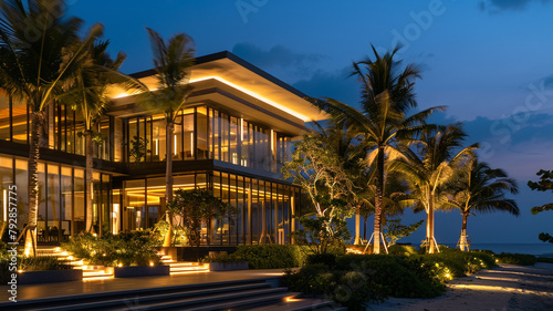 Night view of a luxurious beach villa, with landscape lighting that highlights its modern architecture and the surrounding palm trees.