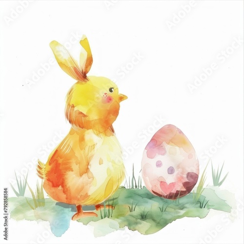 Colorful Watercolor Painting of Easter Egg and Cute Chick, Perfect for Easter Celebrations and Spring Decorations