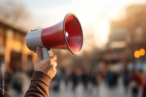 Man hand holding megaphone on city bokeh background with copy space. © Creative