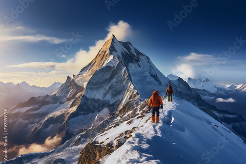 Climbers on the top of a mountain in Himalayas photo