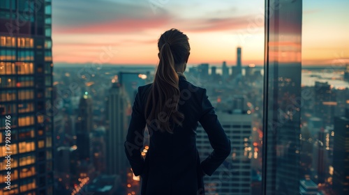 Selbstbewusste Geschäftsfrau über den Wolkenkratzern photo