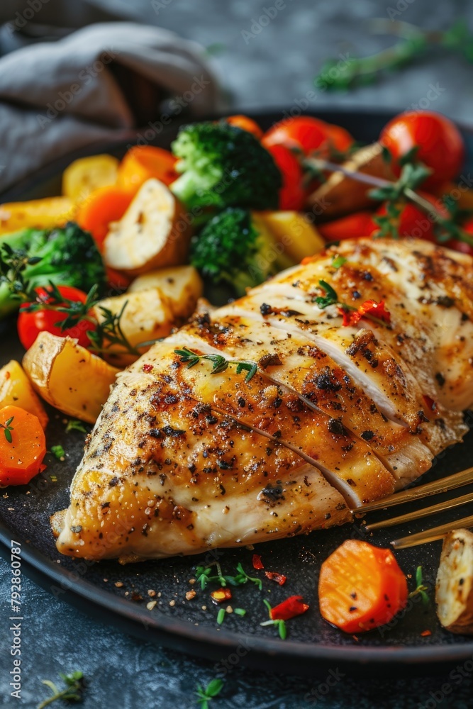 Healthy Grilled Chicken Breast with Fresh Vegetables on Modern Plate