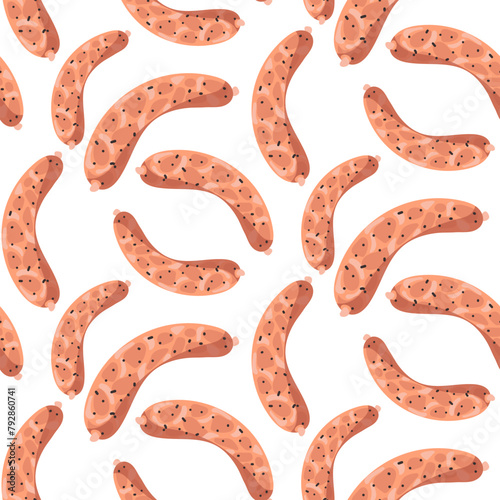 A pattern of fresh meat sausages for grilling and barbecue, all on a white. It is suitable for decorating the menus of seafood restaurants. Vector seamless texture with finished barbecue products