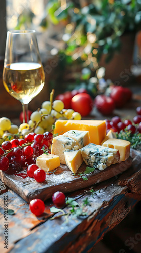 Wine and Cheese Pairing: Elegant scene with glass of white wine and cheese served with fruitson rustic wooden board.