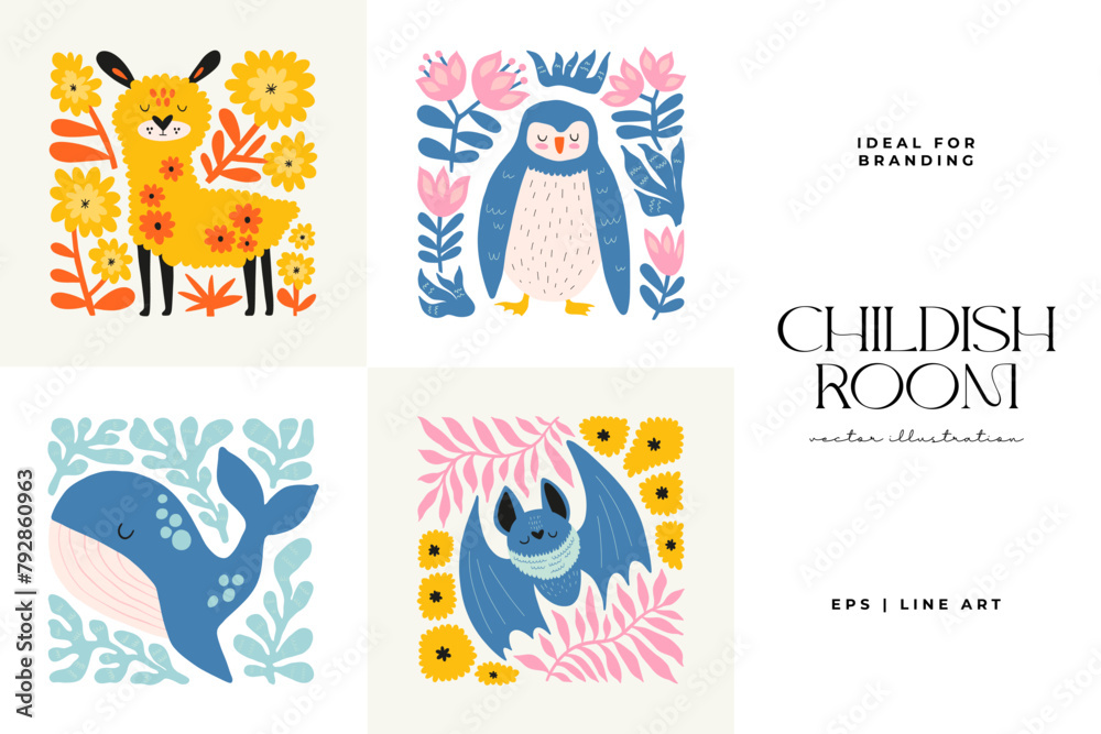 Abstract Childrens Room posters template. Modern trendy Kids minimal style. Hand drawn design for wallpaper, wall decor, print, postcard, cover, template, banner. 