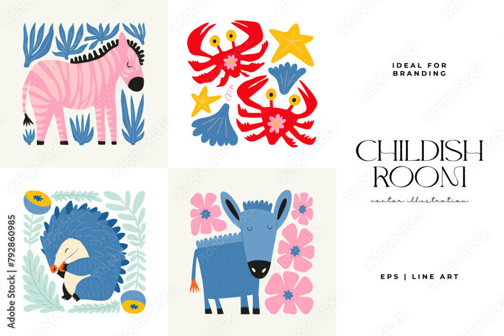 Fototapeta premium Abstract Childrens Room posters template. Modern trendy Kids minimal style. Hand drawn design for wallpaper, wall decor, print, postcard, cover, template, banner.