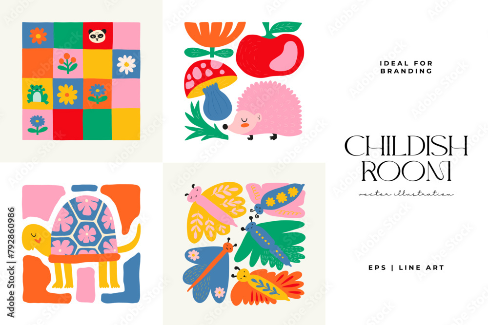 Abstract Childrens Room posters template. Modern trendy Kids minimal style. Hand drawn design for wallpaper, wall decor, print, postcard, cover, template, banner. 