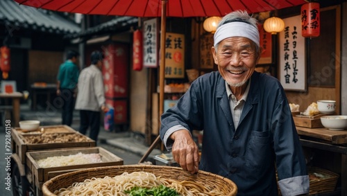 grandfather selling noodles in front of his cart
