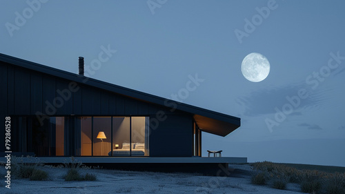 Side perspective of a matte charcoal craftsman cottage with an expansive shed roof, in the serene light of a full moon, the minimalist design emphasizing the beauty of simplicity and contrast. photo