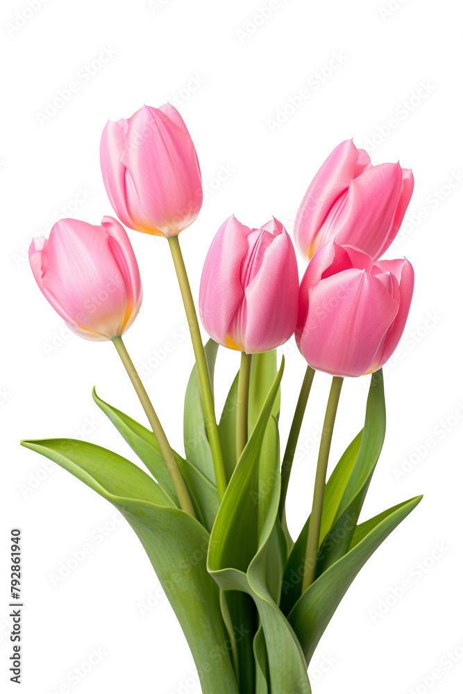  Pink Tulips with Green Leaves on isolated