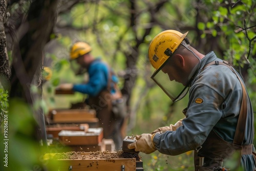 Two beekeepers in protective helmets work on beehives in a lush green environment photo