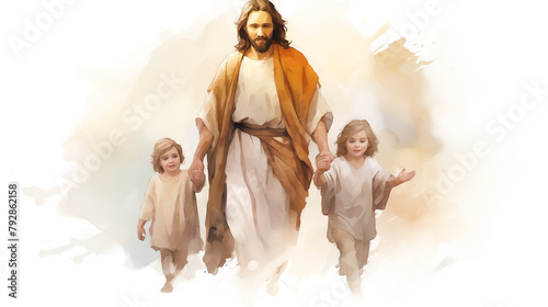 Jesus Christ holding hands with kids. Christianity teaches love and faith in God through the holy figure of Jesus Christ, guiding both children and adults in their religious journey as Christians. © AK528