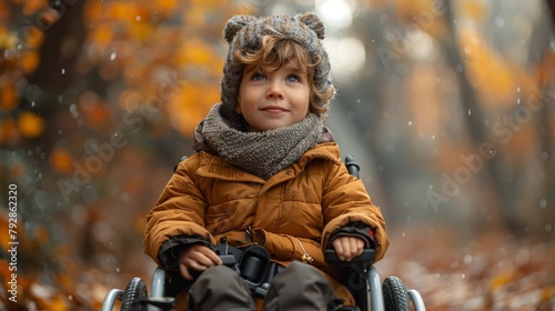  child in a wheelchair outdoor in autumn park