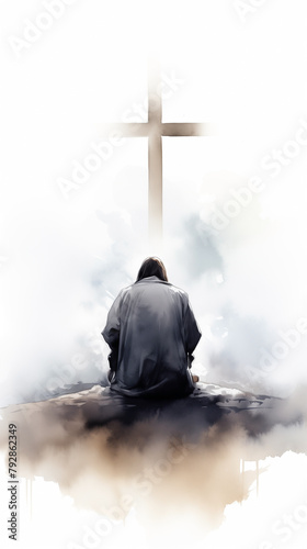 Man kneeling before the crucifix, fervently praying and worshiping, his faith in God and devotion to Jesus Christ evident in his religious devotion. A man faithfully worships God before sacred cross. © AK528
