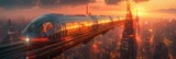 Suspended magnetic train looping around a futuristic citys crystalline towers at sunset