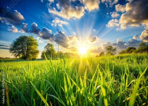 Sunrise over meadow with green grass and blue sky with clouds. Spring landscape nature background