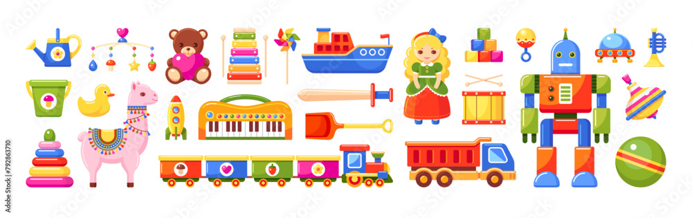 Toys for kids and babies. Child play objects set with car, ball, plush bear, doll and train. Cute robot, duck, ship, bucket, drum and rocket isolated on white background, vector cartoon illustration Toys for kids and babies. Child play objects set with car, ball, plush bear, doll and train. Cute robot, duck, ship, bucket, drum and rocket isolated on white background, vector cartoon illustration