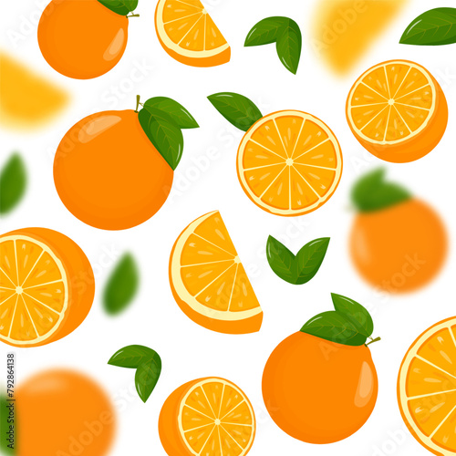 Oranges falling from different angles. Orange citrus background. Flying Orange with green leaf on transparent background. Focused and blurry fruits. Realistic 3d vector illustration.