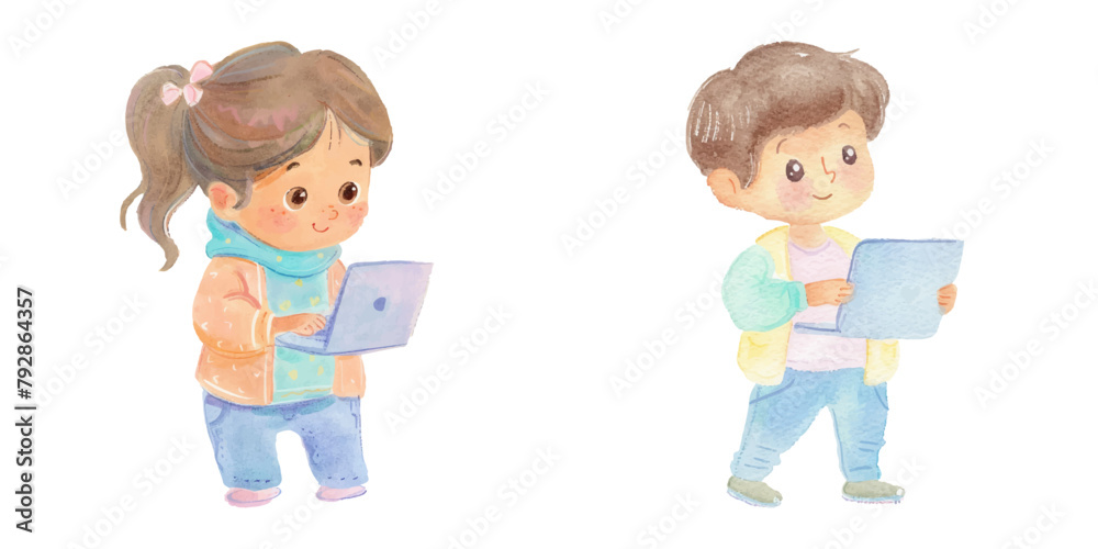 cute kid with laptop watercolor vector illustration