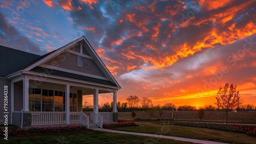 Tranquil evening at a new community clubhouse with a white porch and gable roof under a stunning sunset sky, in ultra HD.