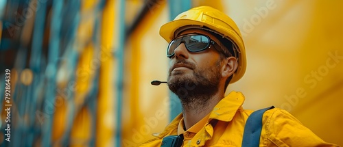 Construction worker using walkie talkie for communication on job site. Concept Construction, Worker, Walkie Talkie, Communication, Job Site © Anastasiia