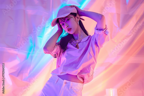 Full body shot of a female Kpop idol wearing white pants and a pastel pink and purple shirt with a cap on her head posing for a photoshoot in a studio with colorful lights