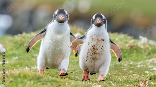 Two gentoo penguin chicks play happily on a field in the Falkland Islands. photo