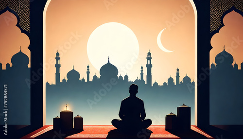 eid ul adha mubarak day background illustration, sillhouette of Muslim man sitting and holding Quran with view of mosque