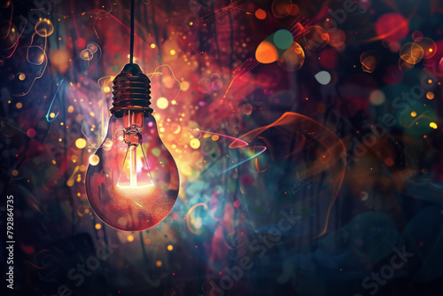 A solitary lightbulb hangs suspended from the ceiling, its filament glowing softly with a warm, golden light. Around the lightbulb, a flurry of colorful thought bubbles and abstract shapes photo