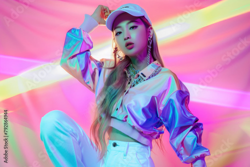 Full body shot of a female Kpop idol wearing white pants and a pastel pink and purple shirt with a cap on her head posing for a photoshoot in a studio with colorful lights