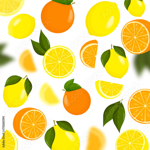 Oranges and lemons falling from different angles. Citrus pattern. Flying Orange and Lemon with green leaf on transparent background. Focused and blurry fruits. Realistic 3d vector illustration.